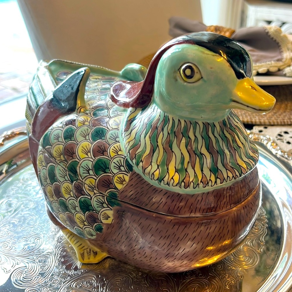 Vintage Famille Rose porcelain covered mandarin duck soup tureen.